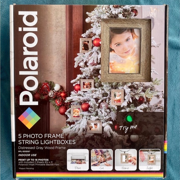 Polaroid 5 Photo Frame String Lightboxes-Distressed GRAY Wood Frame, Sealed New - Picture 1 of 3